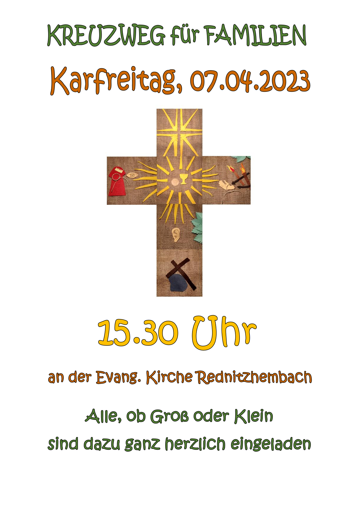 Einladung zum Kreuzweg für Familien am Karfreitag, 07.04.2023 um 15:30 Uhr an der Evang. Kirche Rednitzhembach